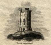 Engraving of Broadway Tower (Latin: &quot;Turris Lativiensis&quot;), the mark of Sir Thomas Phillipps' Middle Hill Press