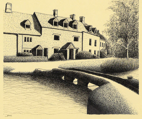 Ink sketch of Lower Slaughter by Richard Grassi