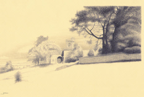 Pecil sketch of Rodborough fort by Richard Grassi