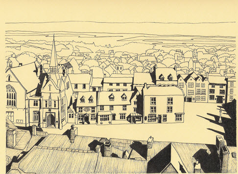 Ink sketch of Stow-on-the-Wold by Richard Grassi