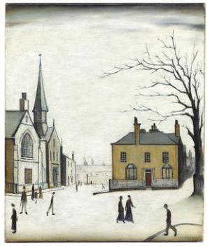 Painting of Stow-on-the-Wold market place by L.S. Lowry