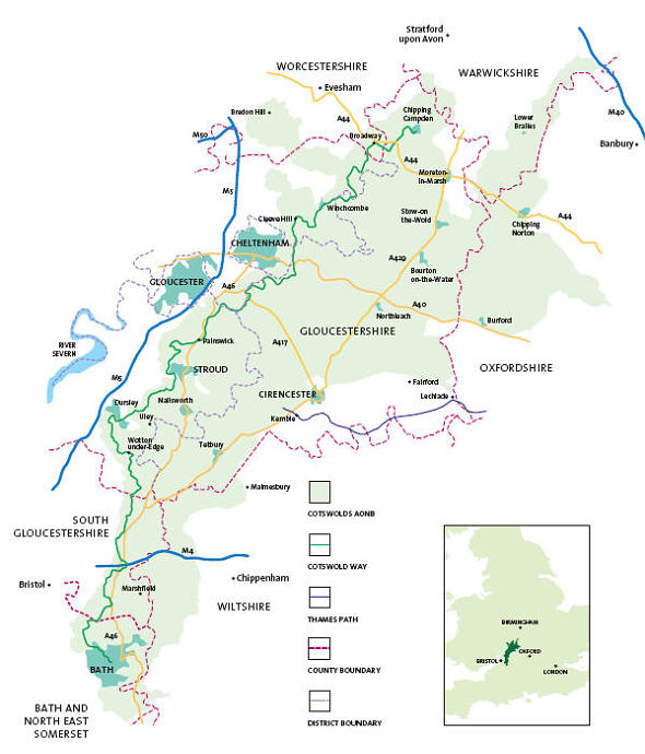 Map of the Cotswolds Area of Outstanding Natural Beauty