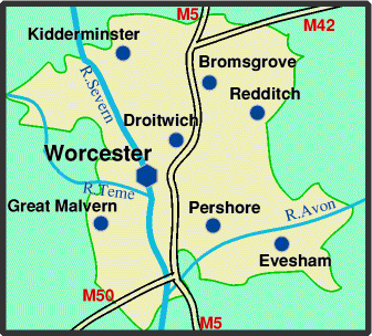 Map of the English County of Worcestershire